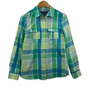 NWT Tommy Hilfiger Women's M Ewan Green Bright Plaid Long Sleeve Roll-Tab Shirt